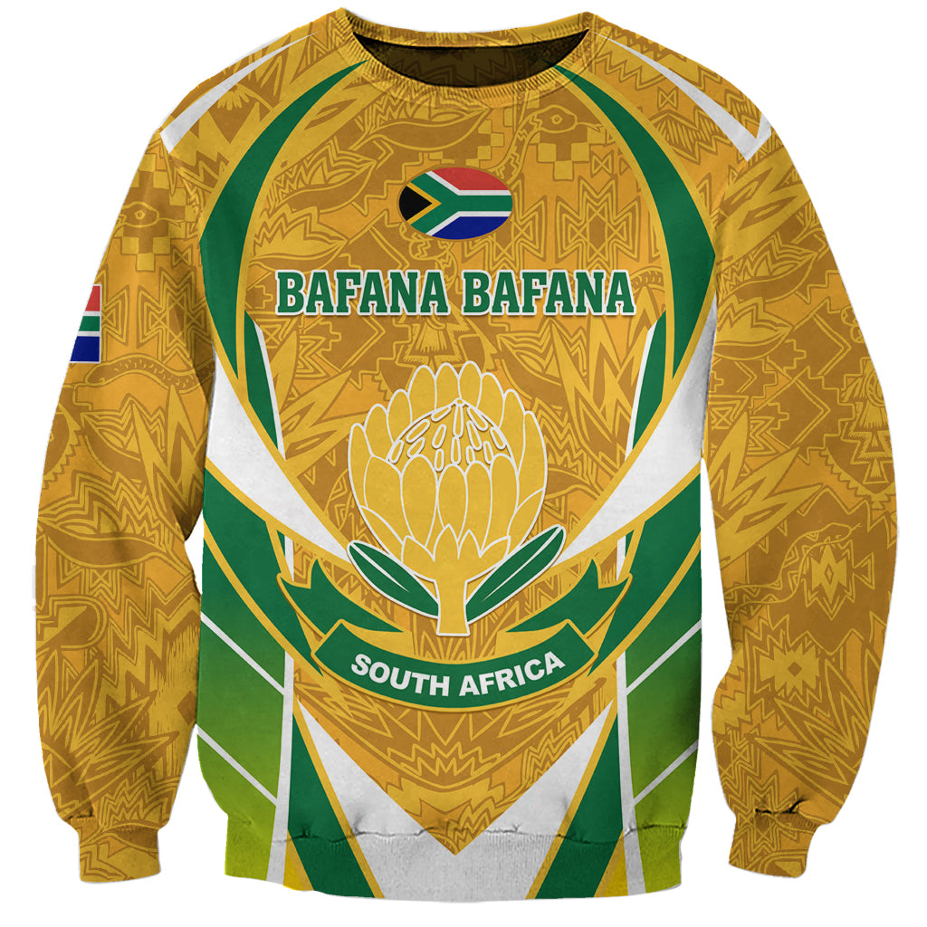 Unisex yellow soccer sweatshirt with Bafana Bafana graphic and South Africa text, crew neck