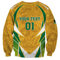 Unisex yellow soccer sweatshirt with YOUR TEXT 01 graphic, green and white chevron stripes
