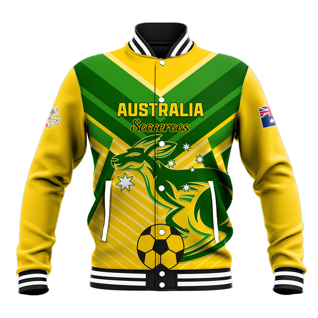 Unisex yellow-green Australia soccer baseball jacket with snap front and front team graphic