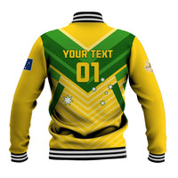 Unisex yellow-green soccer baseball jacket, back 'YOUR TEXT' 01 print, ribbed hem