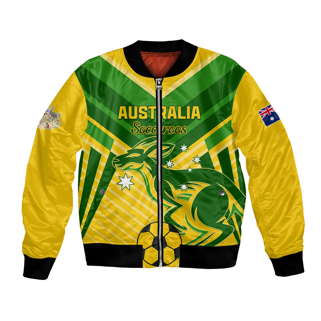 Yellow-green Australia soccer bomber jacket with front zipper, kangaroo crest, sleeve flag patch