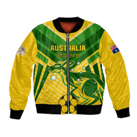 Yellow-green Australia soccer bomber jacket with front zipper, kangaroo crest, sleeve flag patch