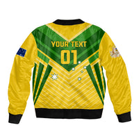 Yellow-green bomber jacket back with YOUR TEXT 01 graphic, ribbed black cuffs