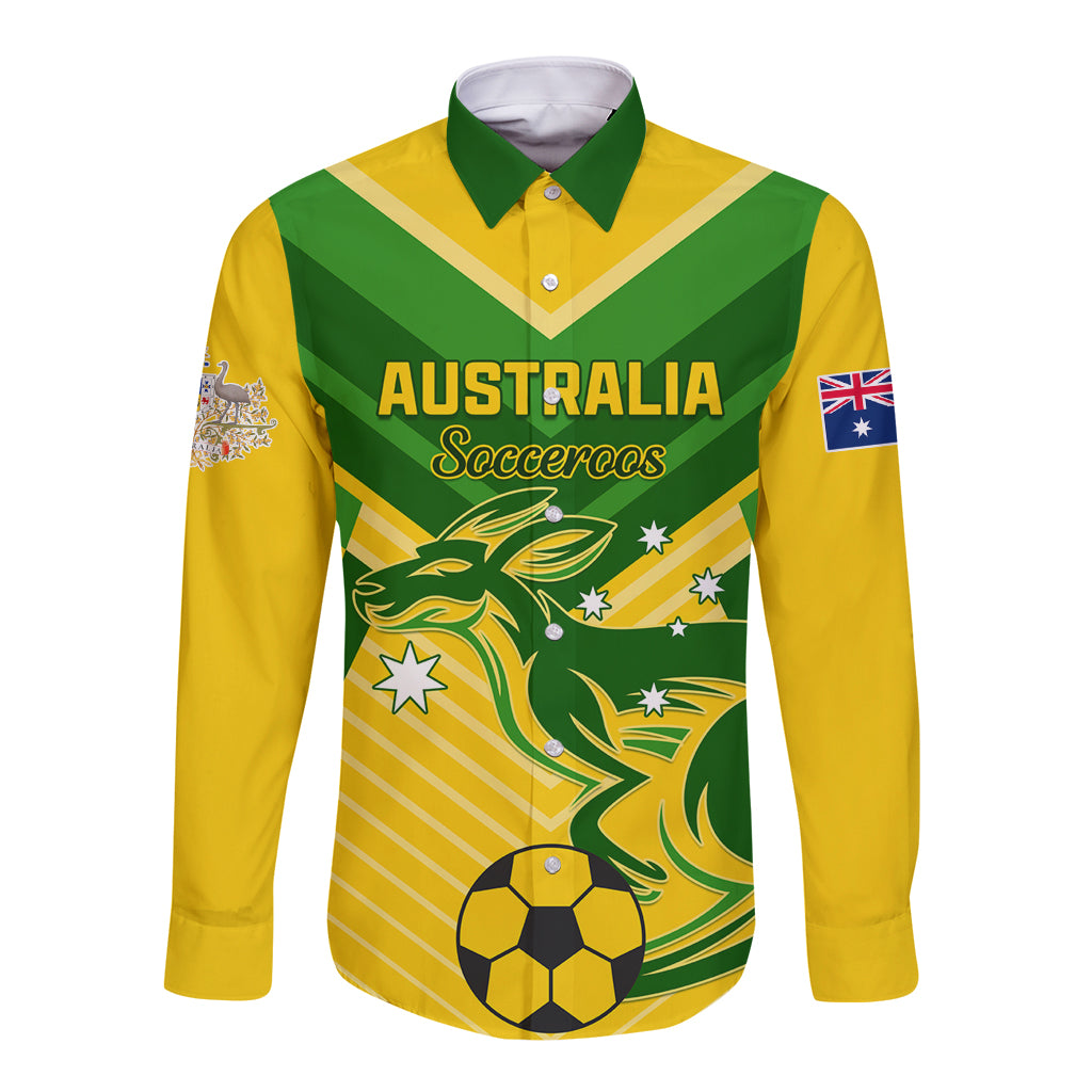 Yellow and green long-sleeve button shirt with V-pattern graphic and soccer ball