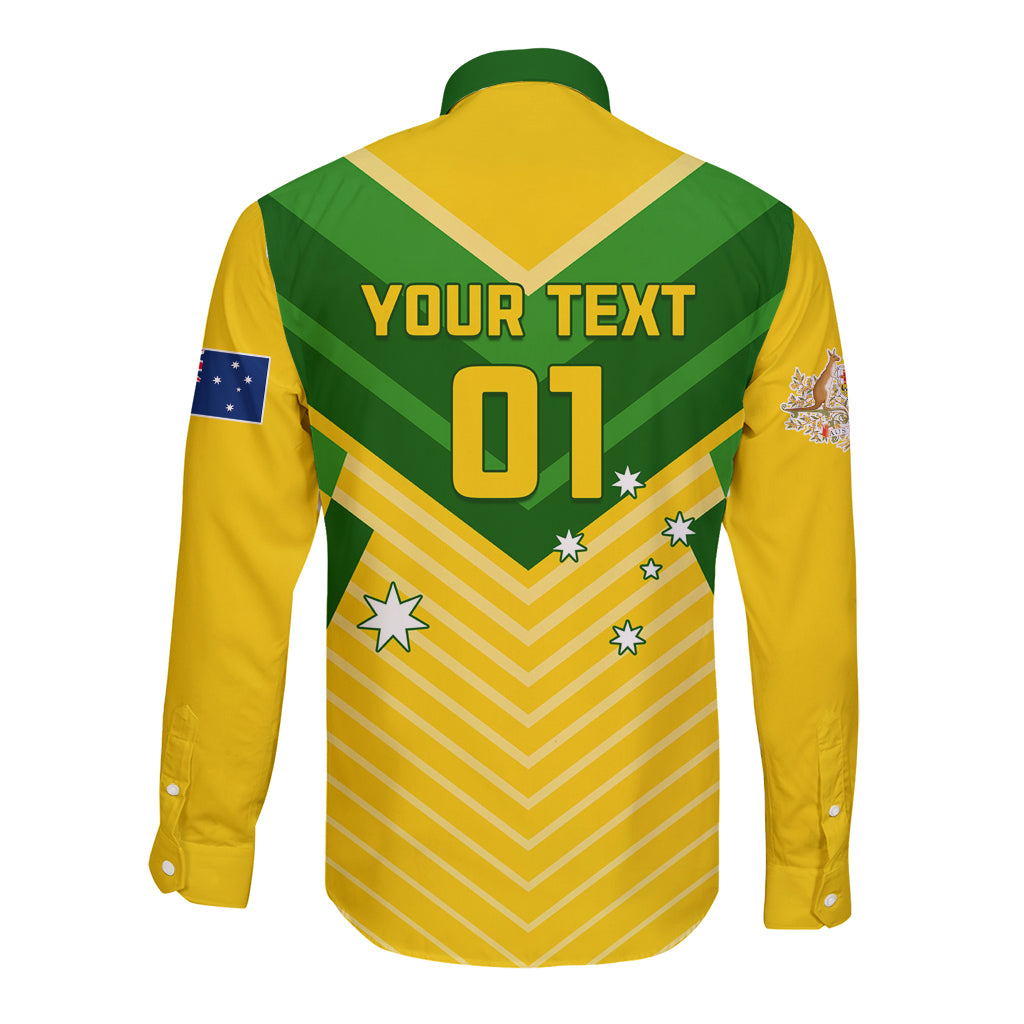 Yellow and green long-sleeve button shirt back with V stripes and "YOUR TEXT 01"