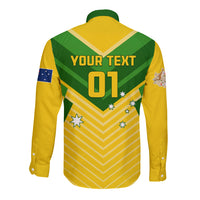 Yellow and green long-sleeve button shirt back with V stripes and "YOUR TEXT 01"