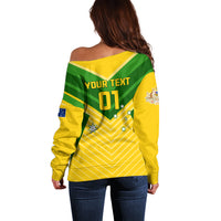 Women’s off-shoulder soccer sweater, yellow back print with 'YOUR TEXT 01' and stars