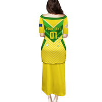 Yellow soccer jersey long dress with green and blue geometric print, short sleeves