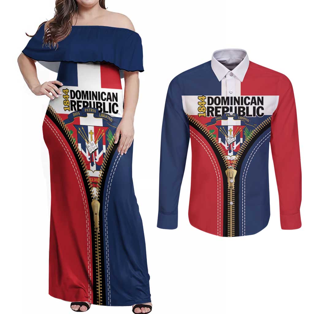 Personalized Dominican Republic 1844 Couples Matching Off Shoulder Maxi Dress and Long Sleeve Button Shirt Coat Of Arms Zipper Stylized