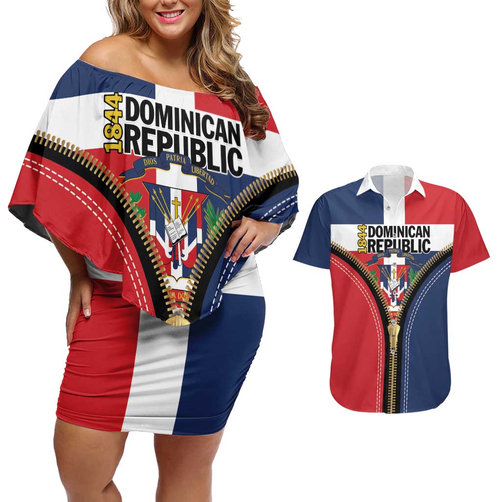 Personalized Dominican Republic 1844 Couples Matching Off Shoulder Short Dress and Hawaiian Shirt Coat Of Arms Zipper Stylized