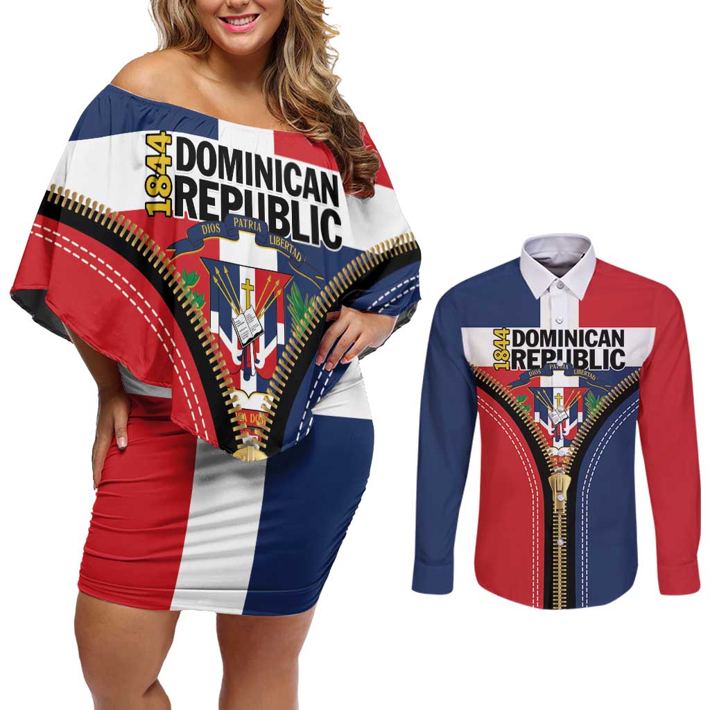 Personalized Dominican Republic 1844 Couples Matching Off Shoulder Short Dress and Long Sleeve Button Shirt Coat Of Arms Zipper Stylized