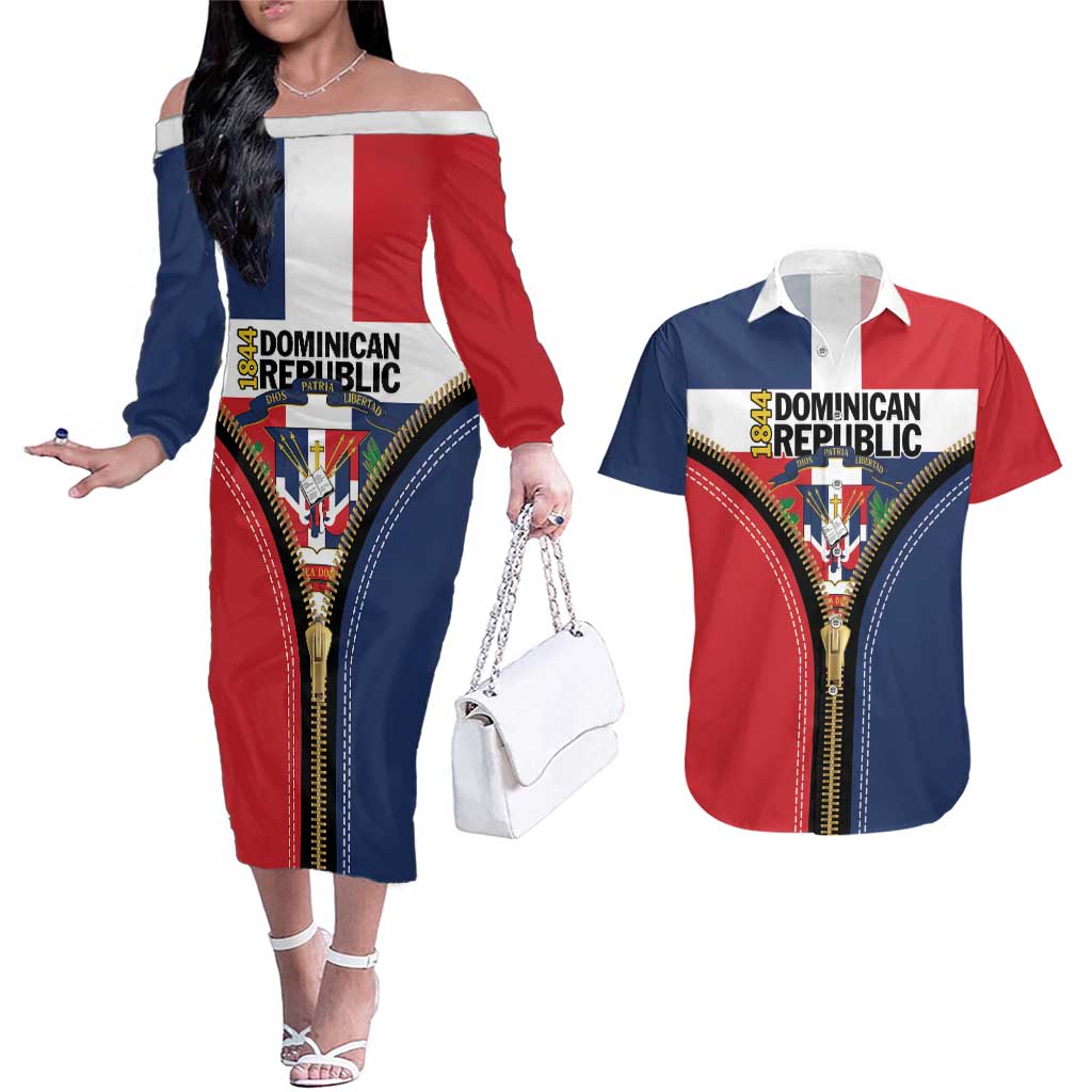 Personalized Dominican Republic 1844 Couples Matching Off The Shoulder Long Sleeve Dress and Hawaiian Shirt Coat Of Arms Zipper Stylized