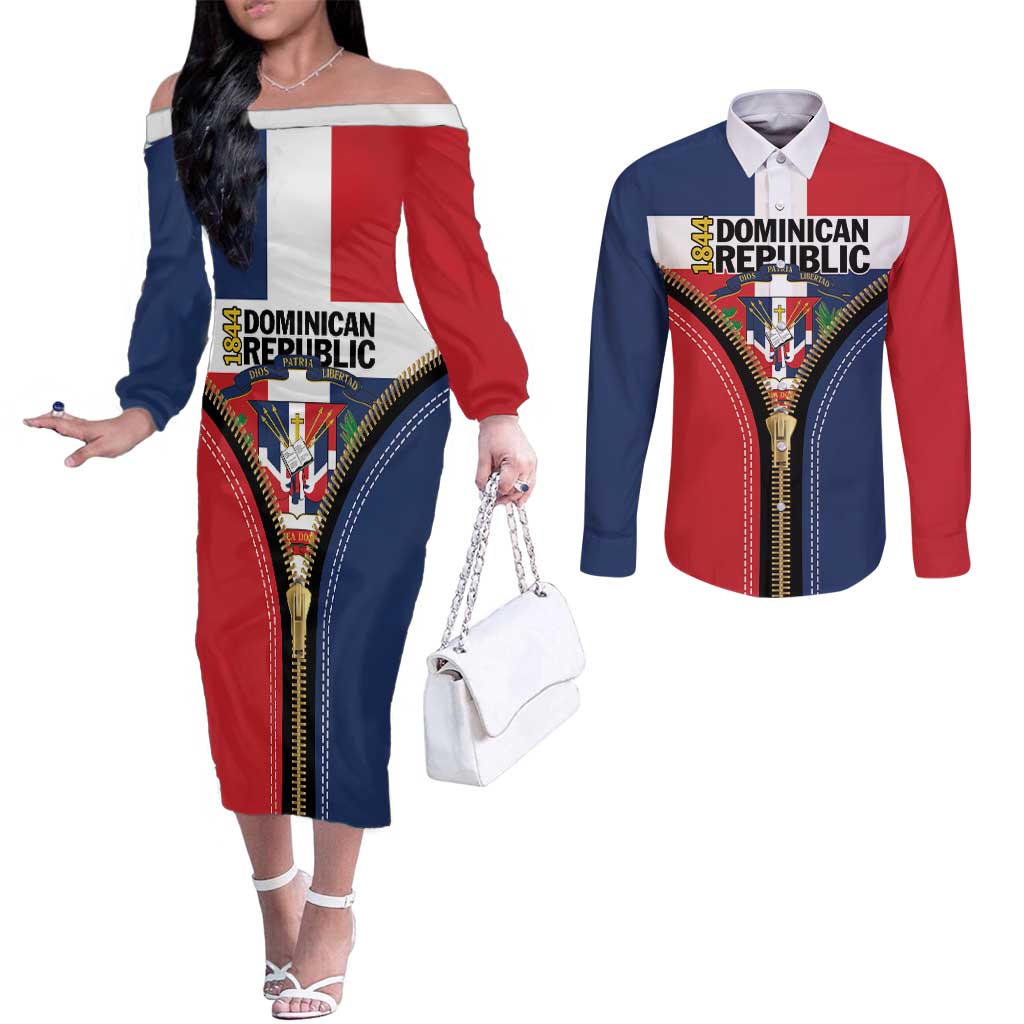 Personalized Dominican Republic 1844 Couples Matching Off The Shoulder Long Sleeve Dress and Long Sleeve Button Shirt Coat Of Arms Zipper Stylized