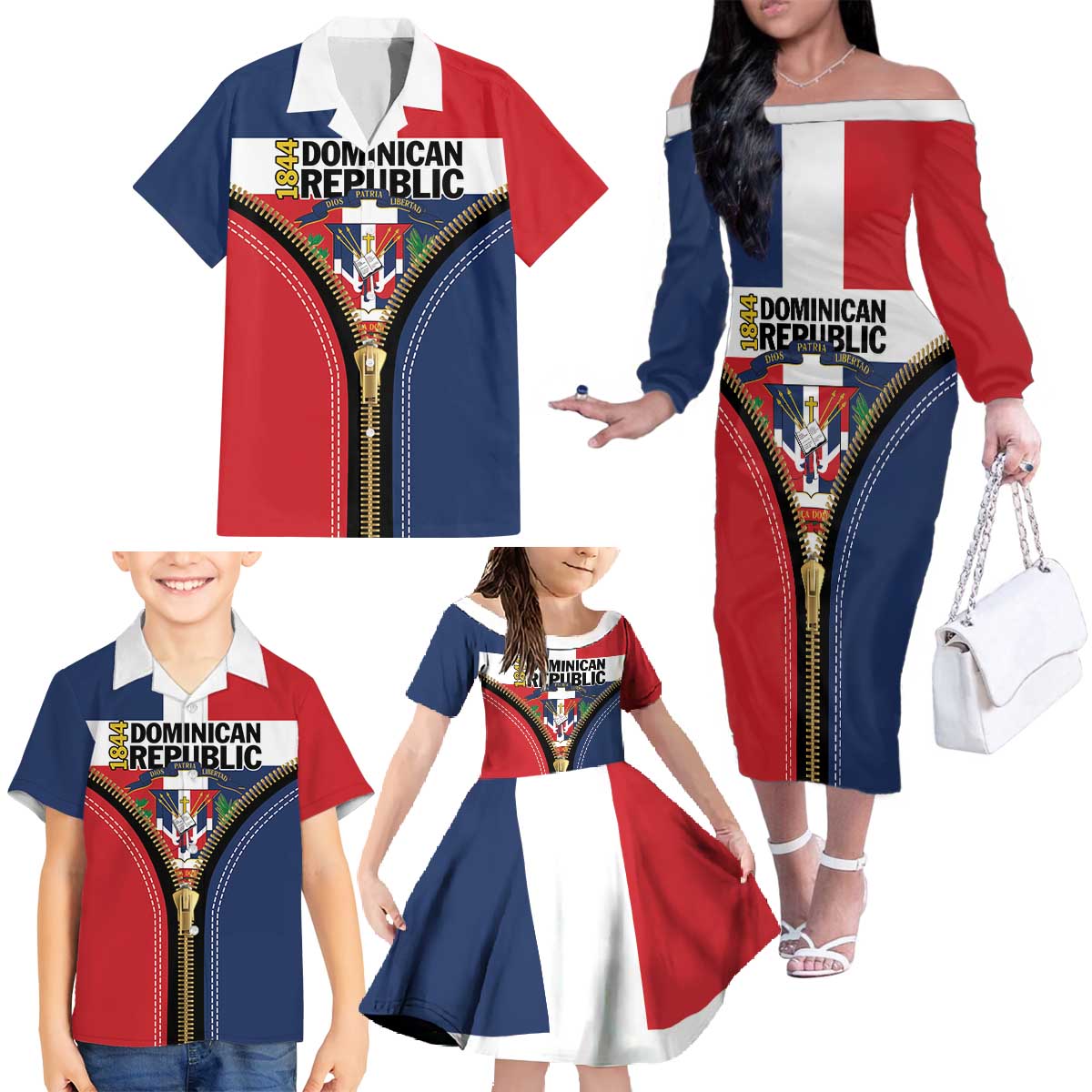 Personalized Dominican Republic 1844 Family Matching Off The Shoulder Long Sleeve Dress and Hawaiian Shirt Coat Of Arms Zipper Stylized