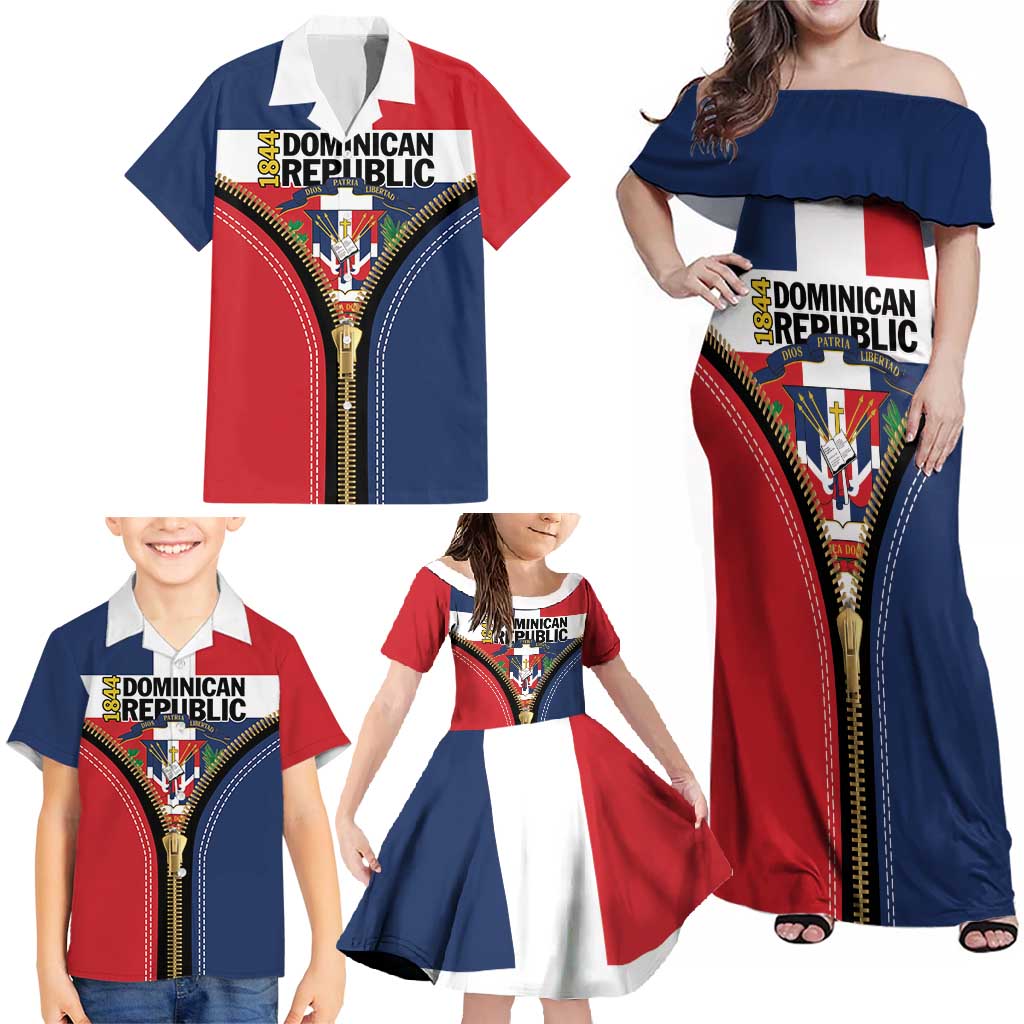 Personalized Dominican Republic 1844 Family Matching Off Shoulder Maxi Dress and Hawaiian Shirt Coat Of Arms Zipper Stylized