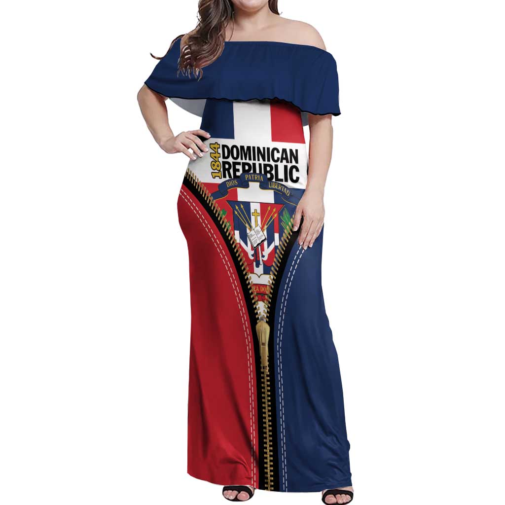 Personalized Dominican Republic 1844 Off Shoulder Maxi Dress Coat Of Arms Zipper Stylized