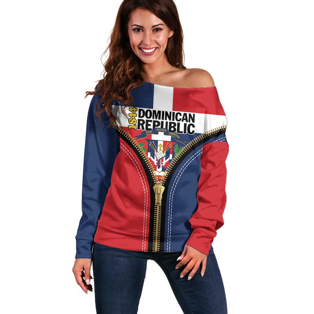 Personalized Dominican Republic 1844 Off Shoulder Sweater Coat Of Arms Zipper Stylized