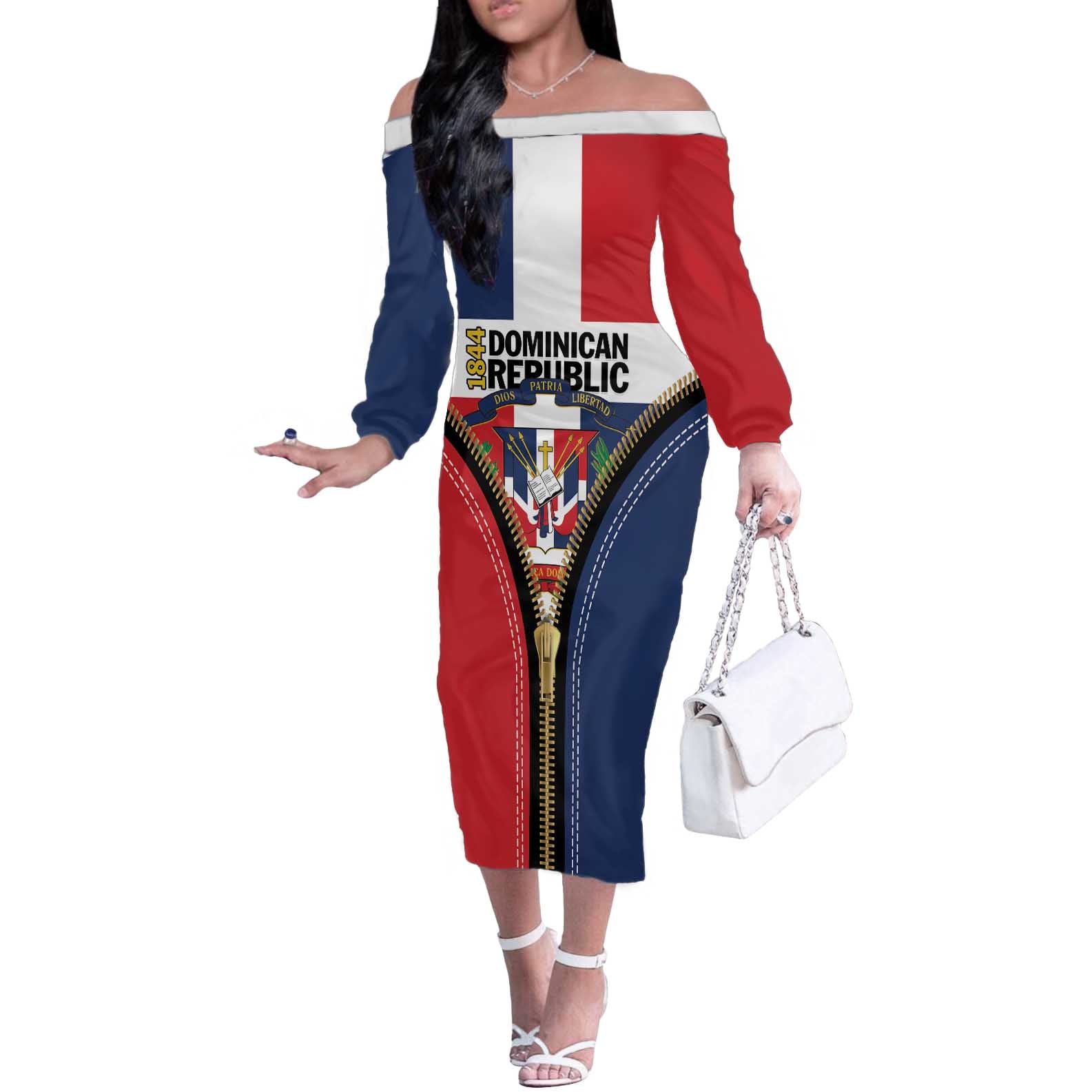 Personalized Dominican Republic 1844 Off The Shoulder Long Sleeve Dress Coat Of Arms Zipper Stylized