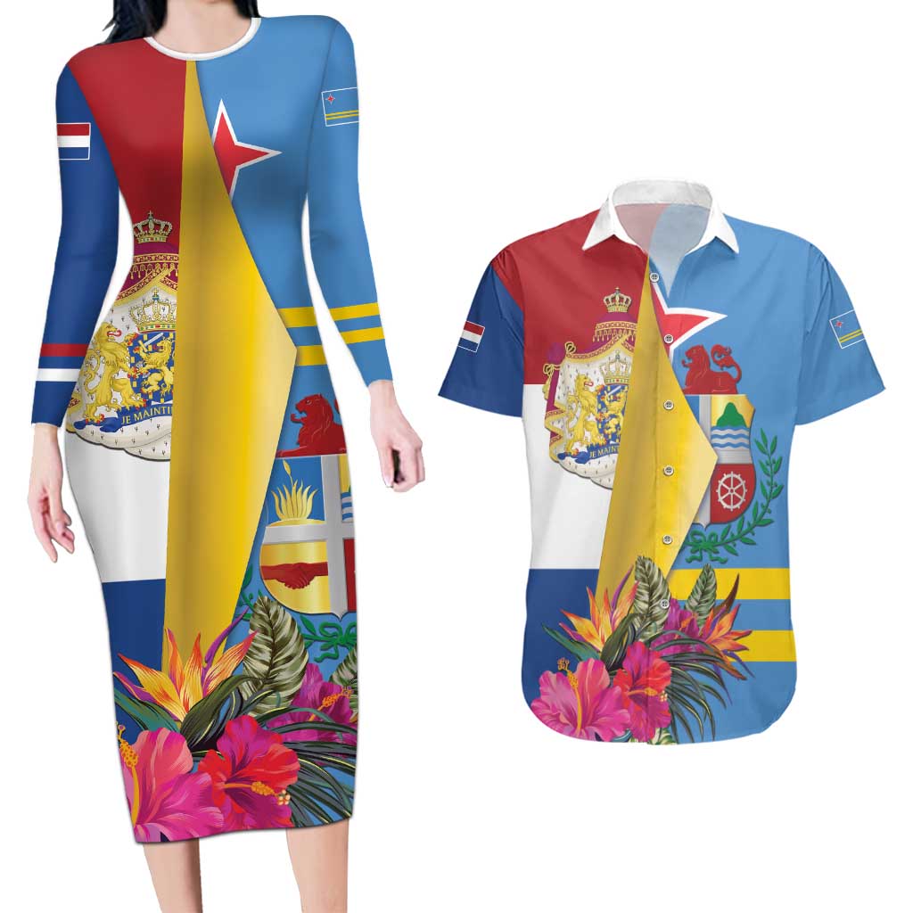 Aruba-Netherlands Couples Matching Long Sleeve Bodycon Dress and Hawaiian Shirt Tropical Unique Style