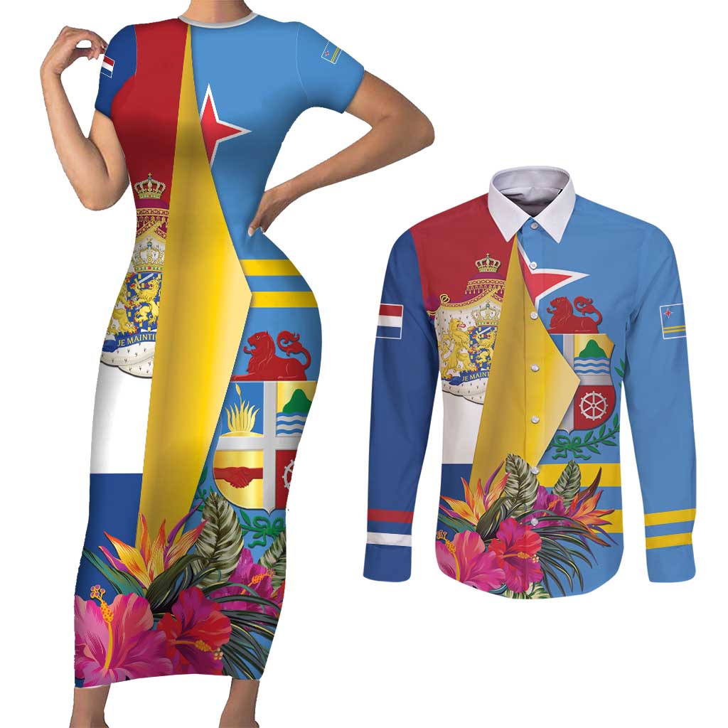 Aruba-Netherlands Couples Matching Short Sleeve Bodycon Dress and Long Sleeve Button Shirt Tropical Unique Style