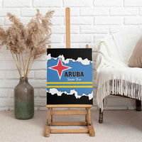 Black-framed canvas wall art showing Aruba star, blue stripes, and “Dushi Tera”