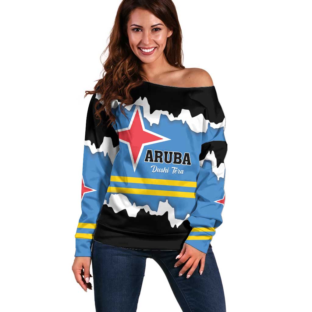 Aruba Dushi Tera Off Shoulder Sweater Coat Of Arms Torn Paper Stylized