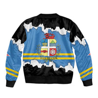 Unisex black zip bomber jacket with Aruba coat of arms graphic, ribbed cuffs and hem