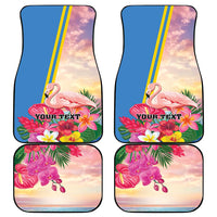 Set of four tropical flamingo car floor mats with blue background and yellow border stripes
