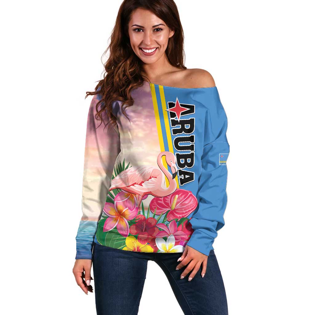 Personalised Aruba Flamingo Off Shoulder Sweater Tropical Sunset Vibes