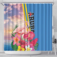 Flamingo tropical shower curtain with blue panel, yellow stripes, and pink blossom graphic