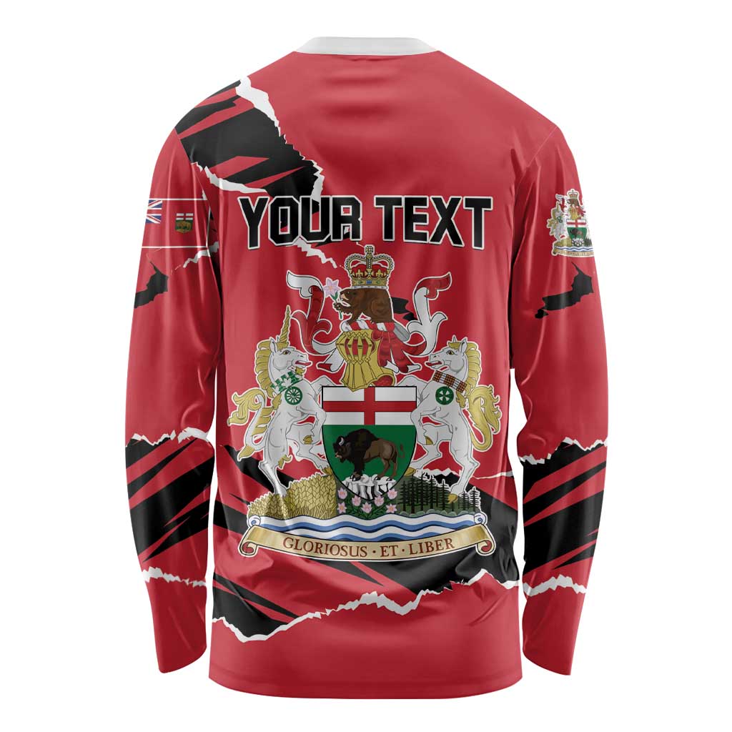 Red long-sleeve shirt back with YOUR TEXT and Manitoba crest over flag-style design