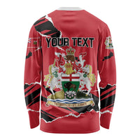 Red long-sleeve shirt back with YOUR TEXT and Manitoba crest over flag-style design