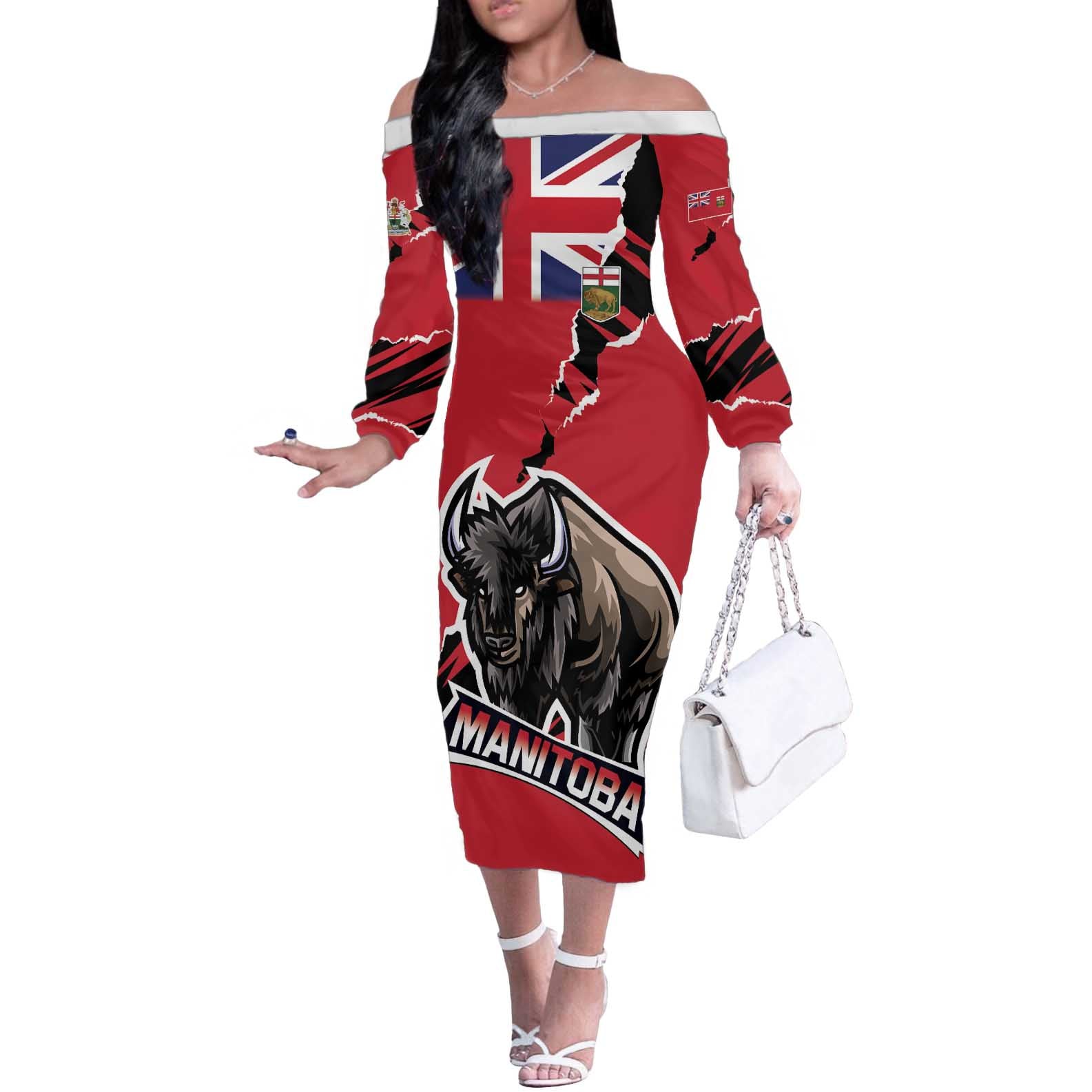 Personalized Canada Manitoba Province Bison Off The Shoulder Long Sleeve Dress Gloriosus et Liber