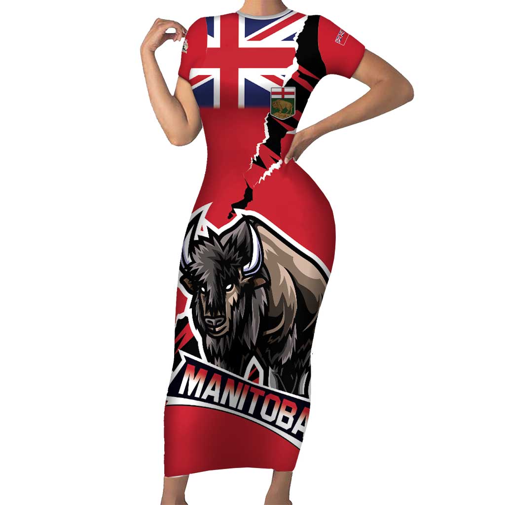 Personalized Canada Manitoba Province Bison Short Sleeve Bodycon Dress Gloriosus et Liber