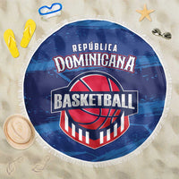 Blue round basketball beach blanket with fringe edge and Dominican Republic logo graphic