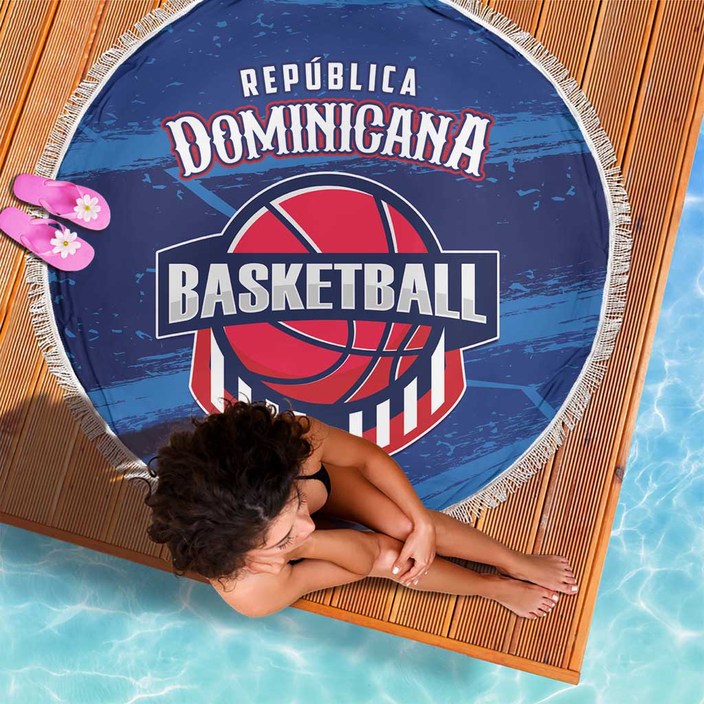 Blue round basketball beach blanket with fringe and bold crest-style graphic