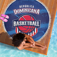 Blue round basketball beach blanket with fringe and bold crest-style graphic