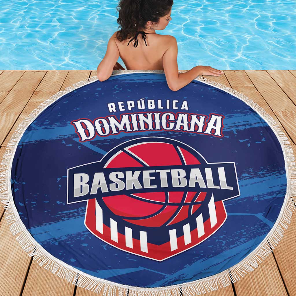 Round blue basketball beach blanket with fringe border and large Dominican emblem