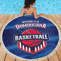 Round blue basketball beach blanket with fringe border and large Dominican emblem