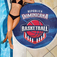 Blue round basketball beach blanket with fringe and Dominican Republic logo graphic