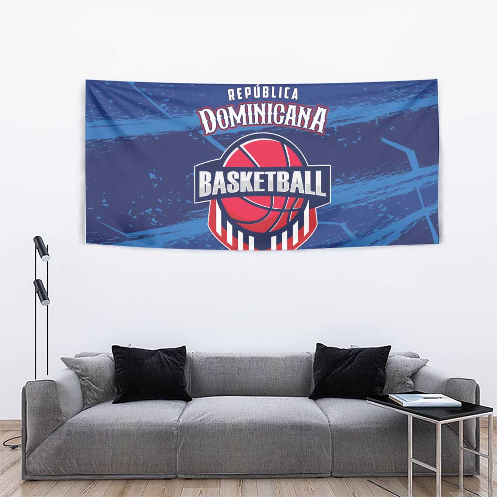 Blue basketball tapestry with Dominican Republic Basketball emblem and text