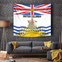 British Columbia flag tapestry with crest, sun rays, and "BRITISH COLUMBIA" text