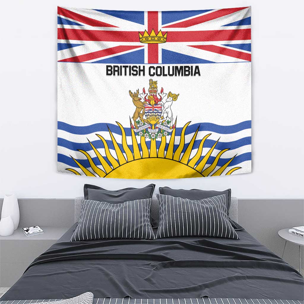British Columbia flag wall tapestry showing crest, wavy blue stripes, and sun rays