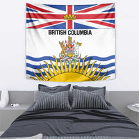 British Columbia flag wall tapestry showing crest, wavy blue stripes, and sun rays
