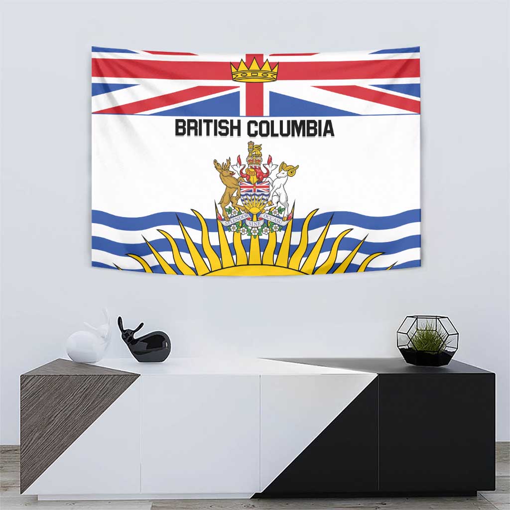 British Columbia flag tapestry with crown crest, "BRITISH COLUMBIA" lettering, sun rays