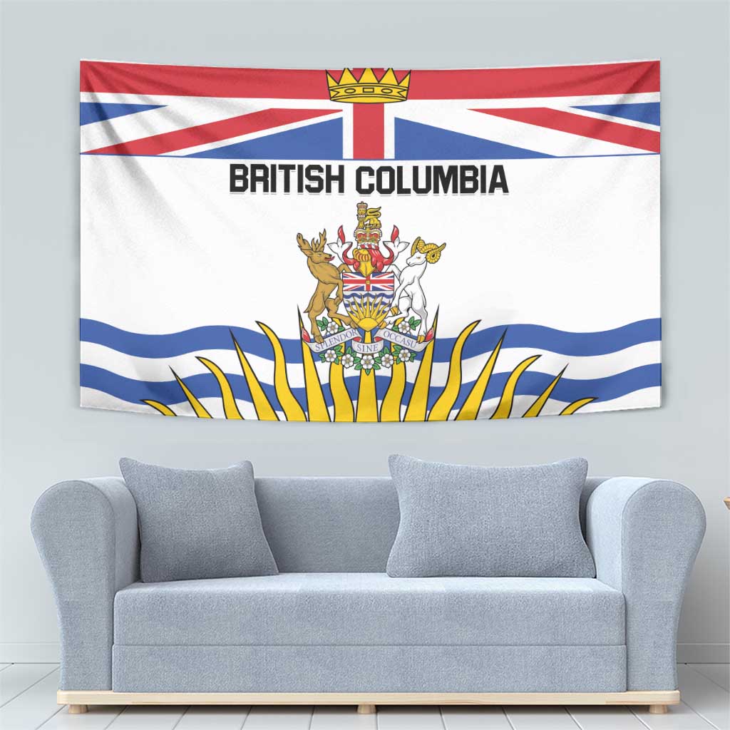 British Columbia flag tapestry with crest emblem, "BRITISH COLUMBIA" text, and sun rays