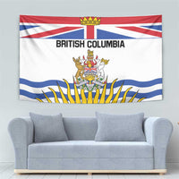 British Columbia flag tapestry with crest emblem, "BRITISH COLUMBIA" text, and sun rays