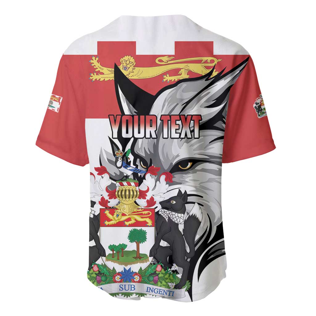 Red baseball jersey with wolf graphic and "YOUR TEXT" on the chest