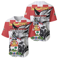 Red baseball jerseys with lion-and-wolf graphic; one shows "PRINCE EDWARD Island"