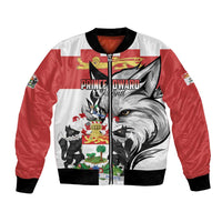 Red-and-white bomber jacket with eagle crest graphic and front zipper.